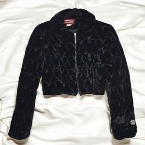 KOSUIKO Silk Velvet Cropped‎ Jacket Woman Medium Black Copper Hearts Goth Grunge